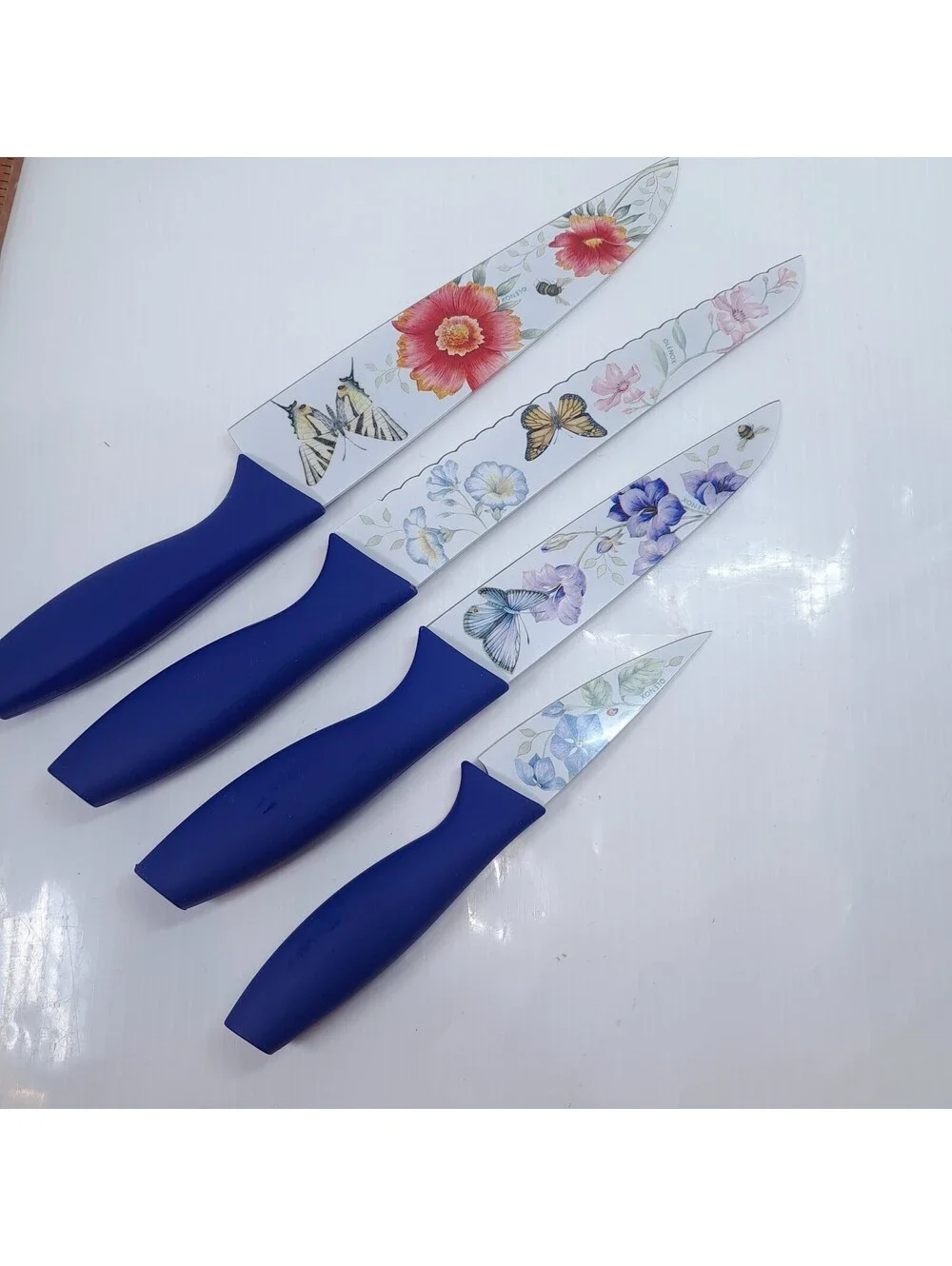 Lenox knife set Butterfly Meadow 4 piece flowers blue handle chef's serrated